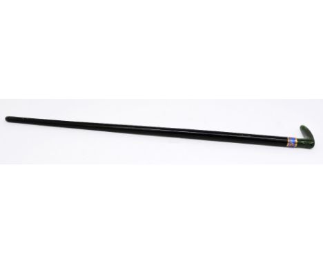 A Russian silver gilt and enamel mounted walking stick, having ebonised wooden cane and nephrite handle, vibrant blue guilloc