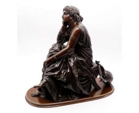 A 19th century French classical bronze figure of a seated Euterpe, by Pierre Alexander Schoenewerk, signed to oblong base, ap