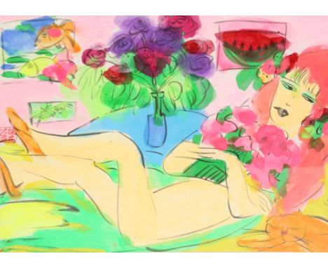 Walasse Ting (Chinese American, 1929-2010) Reclining Female Nude&nbsp; acrylic on rice paper, 23cm x 28cm&nbsp; red seal mark