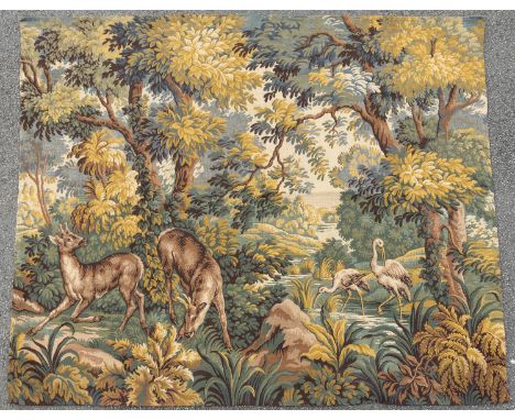 A 20th century tapestry of a Woodland and River scene, having Deer and Flamingos to foreground, approx. 178cm x 147cm