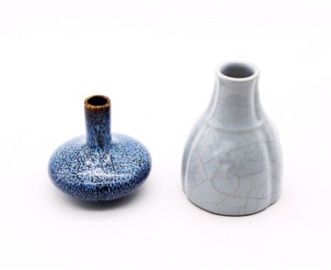 A Chinese rue type glazed lobed vase, seal mark of Qianlong but later, approx. 11cm high, along with a Chinese Junyao type sm