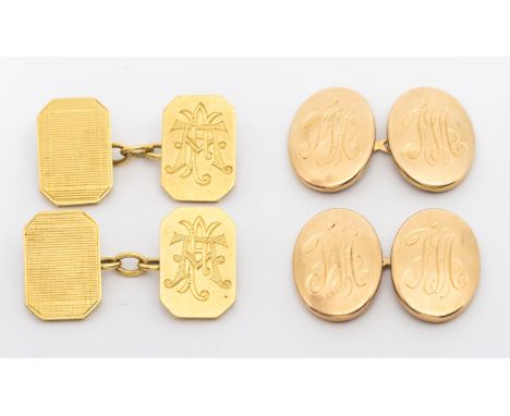 A pair of rectangular 18ct gold rectangular cufflinks with canted corners, one link monogrammed A.M, the other link with engi