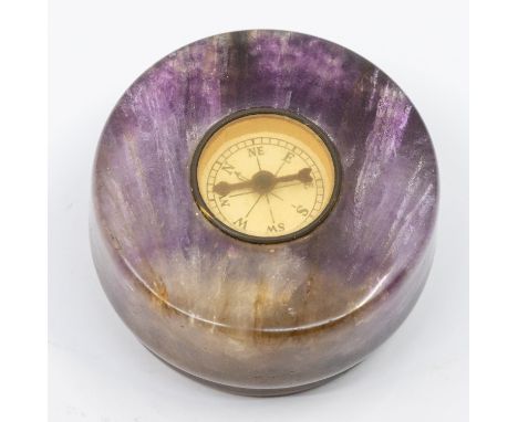 A 20th century circular Blue John compass paperweight, polished base, approx. 4.7cm wide x 2.5cm high.  Further details: few 