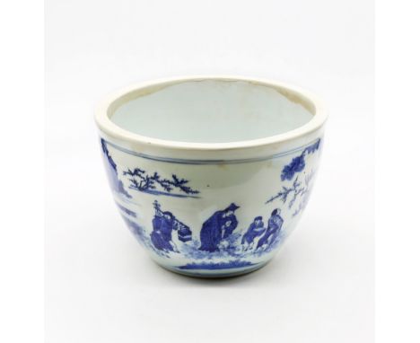 A Chinese blue and white porcelain planter, transitional period, 17th century, painted with seven figures in a rocky and mist