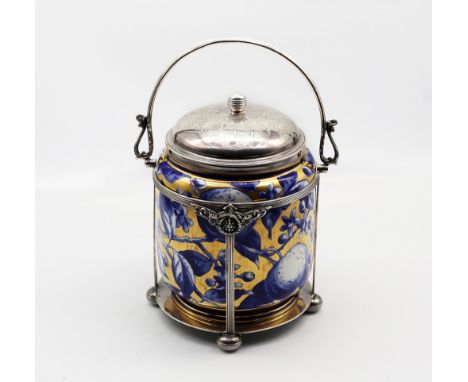 A Victorian silver cased ceramic biscuit barrel, decorated with transfer printed fruits and branches to gilt ground, marked u