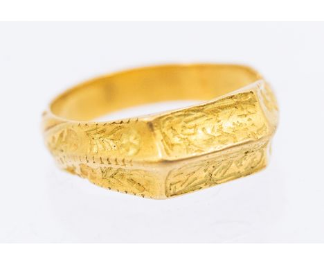 Late Medieval, an impressive and exquisitely engraved gold iconographic finger ring dating to the later 15th or early 16th ce