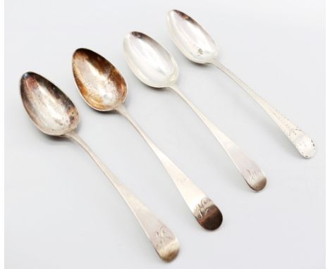 A pair of George III Old English pattern silver table spoons, each initialled K to terminals, hallmarked by Hester Bateman, L