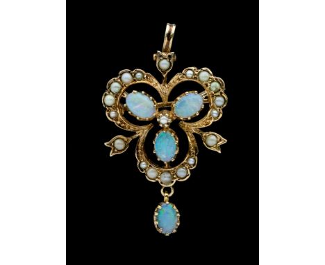 An opal and seed pearl 9ct gold pendant/brooch, comprising a trefoil opal set centre of oval shaped cabochon opals, within a 