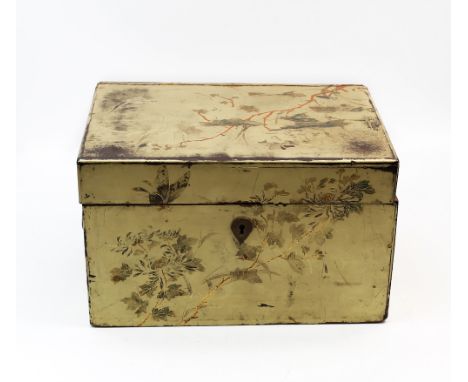 A late 19th / early 20th century Chinese tea chest, made of red and gold lacquered wood with applied butterflies and foliate 