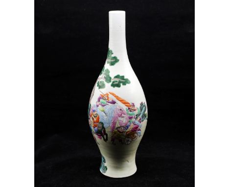 A Chinese famille rose porcelain bottle vase, red seal mark of Jiaqing but Republic period, painted with warriors and mythica