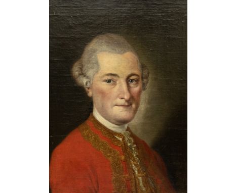 English School (mid 18th century), portrait of a Gentleman, bust length, in gold embroidered red coat, oil on canvas, 61.5cm 