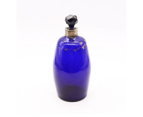 A George III / IV Bristol blue glass Brandy decanter, with gilt script and grapevine detail, with white metal collar and cut 
