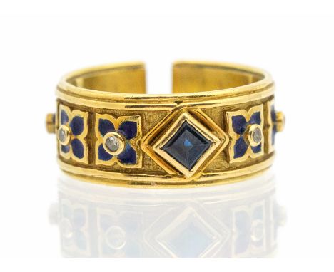 A sapphire and diamond enamel 18ct gold ring, comprising a central square cut sapphire approx 3mm, with three enamel and diam