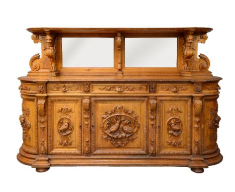 Fulham Football Club - Late 19th / Early 20th Century light oak carved sideboard in black forest manner decorated with birds,