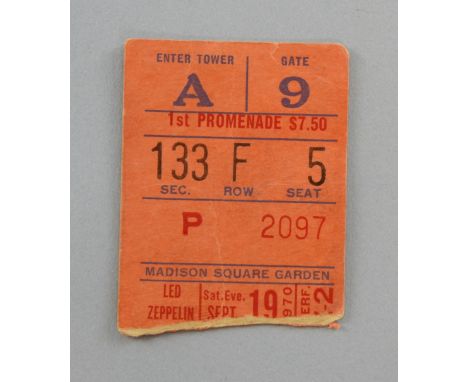 Led Zeppelin, a concert ticket for 19th September 1970 at Madison Square Gardens, New York  
