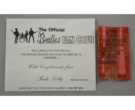 The Beatles, a used ticket for Fairfield Halls, Croydon, on 25th April 1963 & a Beatles Fan Club compliments slip (2)  