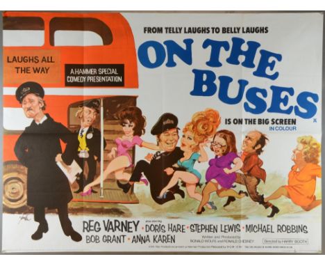 On The Buses (1971) British Quad film poster, comedy directed by Harry Booth, Hammer Production released by MGM-EMI, folded 3