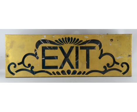 Circa 1930's large art deco cinema / theatre illuminated Exit sign, gold metal casing & green illumination, with original han