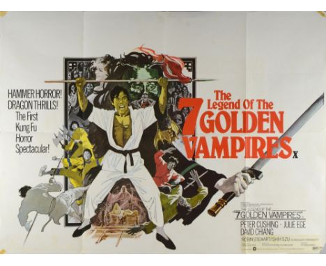 The Legend of the 7 Golden Vampires (1974) British Quad film poster, Hammer Horror 'X' Certificate, art by Arnaldo Putzu, fol