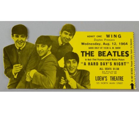 The Beatles A Hard Day's Night Ticket without Stub to the Dayton Premiere on Wednesday Aug 12 1964 at Loew's Theatre 4 x 7½in