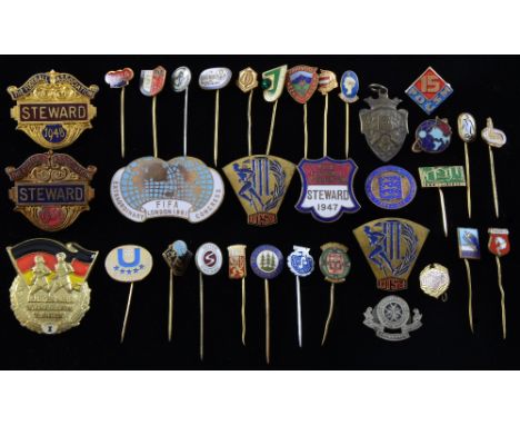 Collection of 32 badges including stick pin, The Football Association Steward badges from 1947, 1948 & 1951, European stick p