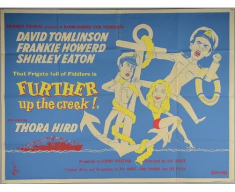 Seven British Quad film posters inc Further Up The Creek (1958), artwork by John Stockle, Byron-Hammer Productions, two diffe