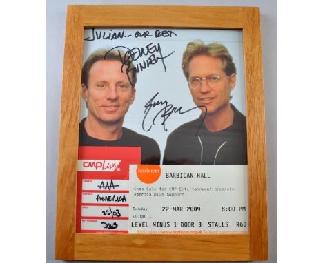 America, American Rock Band, a promotional photograph signed by Dewey Bunnell & Gerry Beckley along with a backstage pass & t