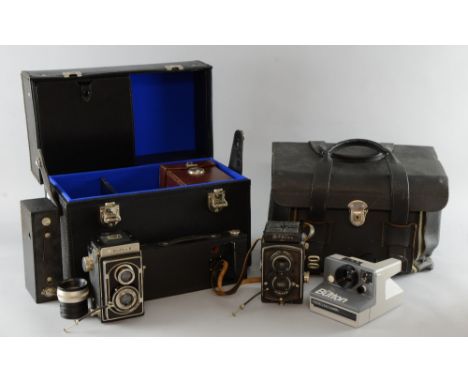Cameras & accessories including an Agfa Silette Vario, Carl Zeiss Rolleiflex Compur, No2 Brownie x3, Zeiss Ikon Ikoflex II, B