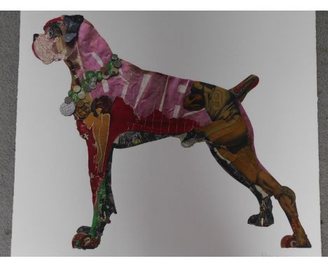 A signed coloured lithograph by British collage artist Peter Clark. Depicting a boxer dog. 65x65cm 