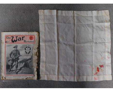 The War Illustrated magazine and ww1 silk handkerchief with two embroidered crossed flags. One Union Jack and the Royal Stand