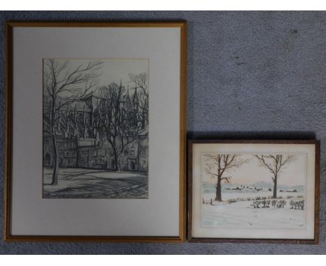 A framed and glazed pencil sketch of church grounds, indistinctly signed. Together with a framed and glazed watercolour of sn