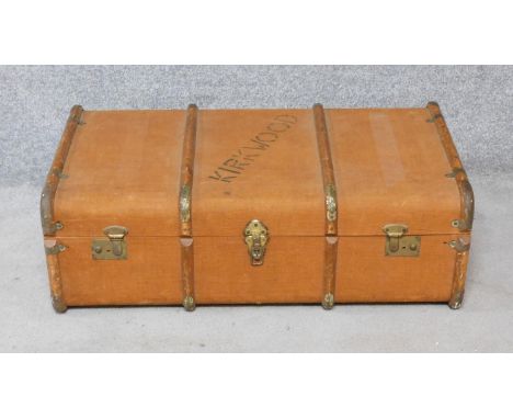 A teak bound and canvas covered Kirkwood travelling trunk fitted with lift out tray. H.30xW.90xD.50cm 