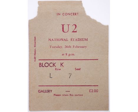 Tuesday 26th February. U2 at the National Stadium, Dublin, the night the band signed to Island Records. A ticket to the first