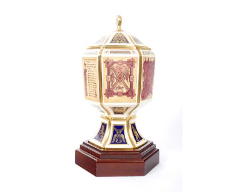 Mason's Columba Chalice. A Mason's ironstone, hexagonal, baluster-shaped, lidded chalice, the cream ground decorated in gilt 