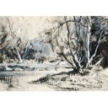 Maurice Canning Wilks RUA ARHA (1910-1984) LAGAN IN WINTER ink and gouache signed lower right;