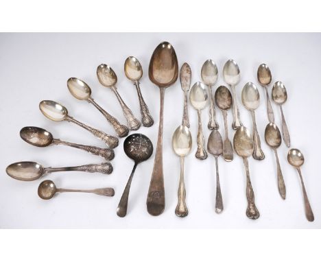 Georgian and Victorian silver spoons. A George III silver basting spoon, London, 1791; a set of six silver queen's-pattern te