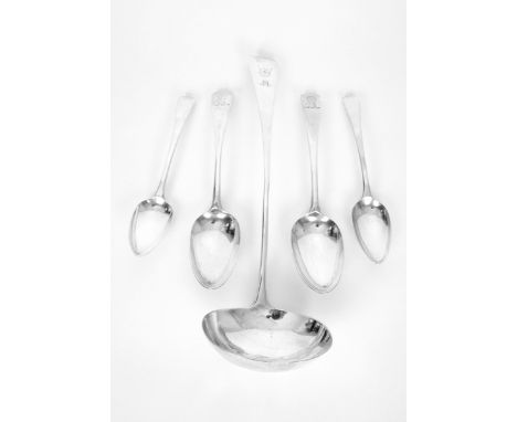 Georgian silver, a soup ladle and two pairs of spoons. A George III taper-handle soup-ladle, London, 1806; together with a pa