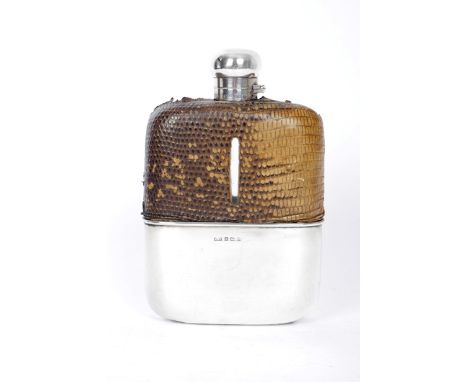 1930s Whiskey flask. An early 20th century silver-mounted, snake-skin covered, pocket flask, of ¾ pint capacity, with removab