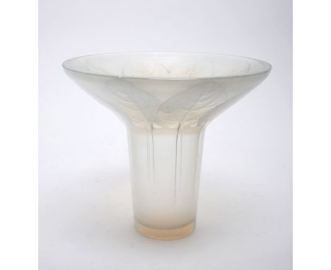 1920s Rene Lalique, Violettes vase. A frosted opalescent glass vase No. 930, designed 1921, moulded to the everted rim with a