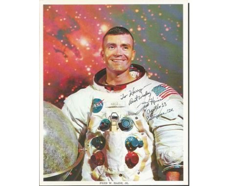 Fred Haise astronaut autographed photograph. Official NASA 8x10 white space suit lithograph autographed by Apollo 13 astronau
