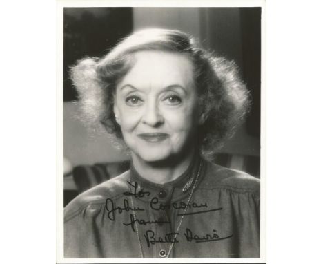  Bette Davis signed 10 x 8 b/w portrait photo to John, slight crease to bottom edge 1/2 cm  Good condition. All signed items 