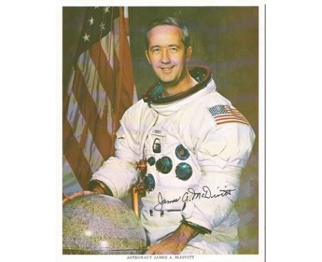 James McDivitt astronaut autographed photograph. Colour 8x10 white space suit portrait photograph signed by astronaut Jim McD