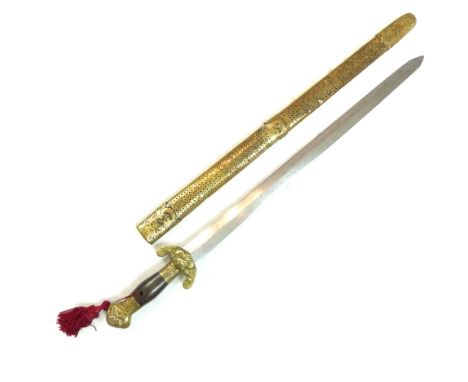 Chinese Jian short sword, brass pommel and mask hilt, wooden grip, double edged blades, 43cm, shagreen effect scabbard with b