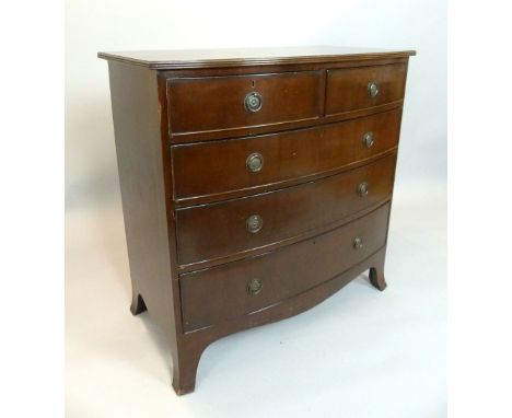 Mid 20th C bow front chest of drawers, mahogany, two over three drawers with beading, ring handles, bracket feet, 91.5cm w.