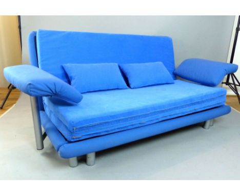 Ligne Roset blue upholstered, two seater sofa / multi bed settee, 200cm w