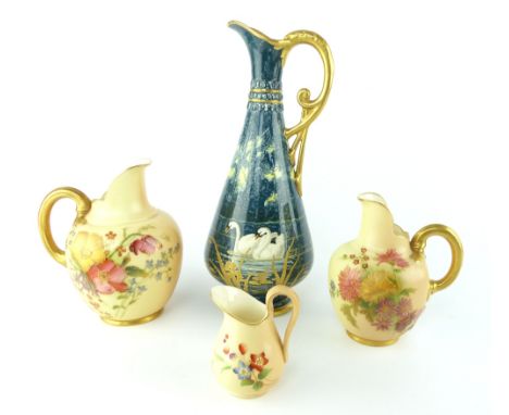 Royal Worcester blush glazed flat back jug, decorated with wild flowers and gilt details, 12cm h, together with two smaller s