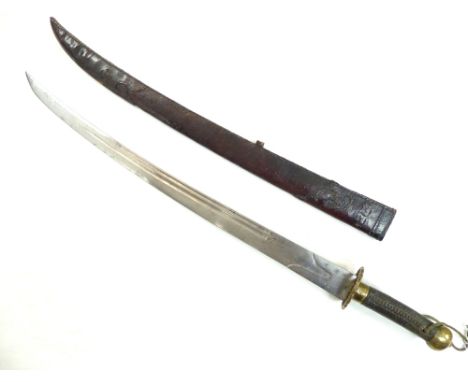 Chinese / Dao sword, possibly Nambam region, brass pommel and tsubd, leather bound grip, stamped, fullered and curved, 63cm b