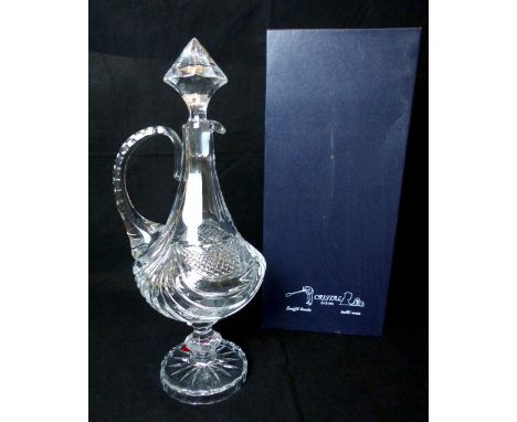 French crystal decanter and stopper, cross hatched design, on faceted stem and circular foot, star design, 43cm h, presentati