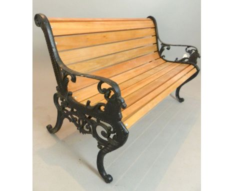 Garden bench, teak roll back, horned goat and scroll supports, 124.5cm w
