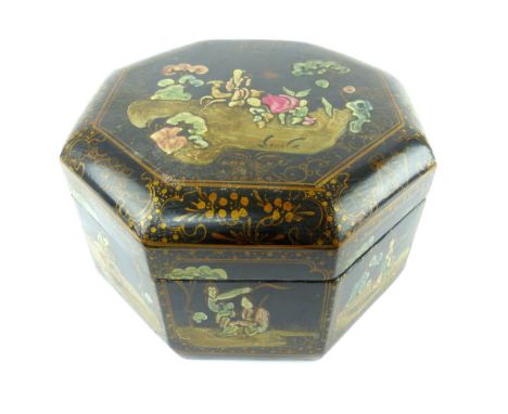 Chinese octagonal papier mache box, figural lacquered decoration to top within floral and scroll gilt decoration